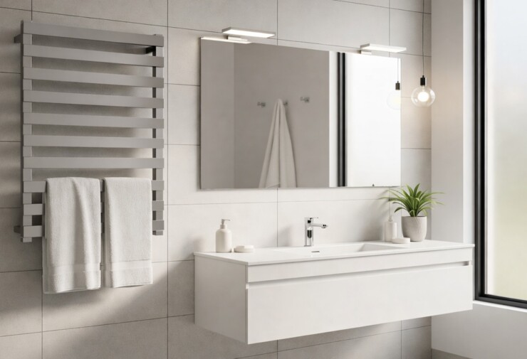 Salle de bains moderne avec sèche-serviettes mural design, adapté au chauffage.